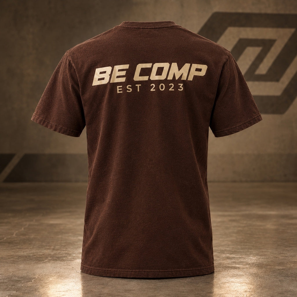 Back of BE-COMP tee with BE COMP EST 2023 print